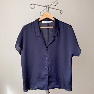 🌿 Elegant Navy Blue Oversized Satin Button-Up Shirt by Contemporaine (Simons)
